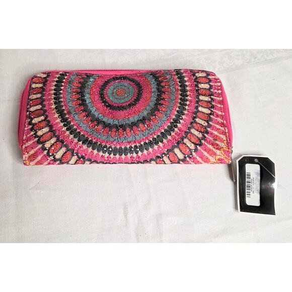 Two's Company Zip Clutch Wallet Women's Pink/Multi Boho Style Inside Zip Pocket - Picture 1 of 5